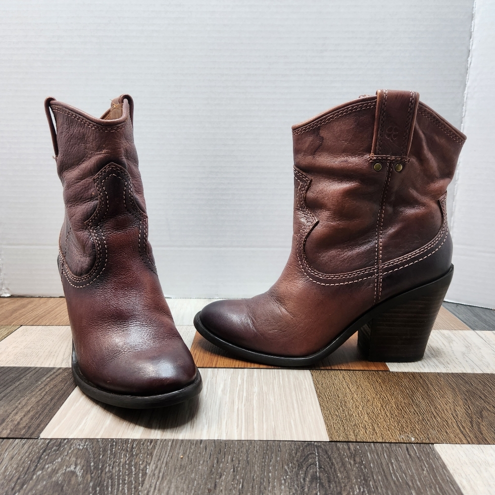 LUCKY BRAND WESTERN Women's 6M Brown Leather Ankle Boots BLOCK HEEL